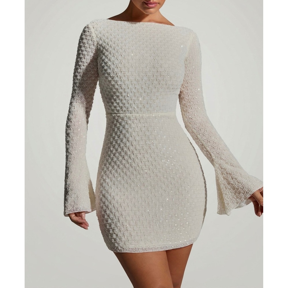 Oh Polly‎ Pearl Sequin Mini Dress Ivory Open Back Flare Sleeve US 0 New